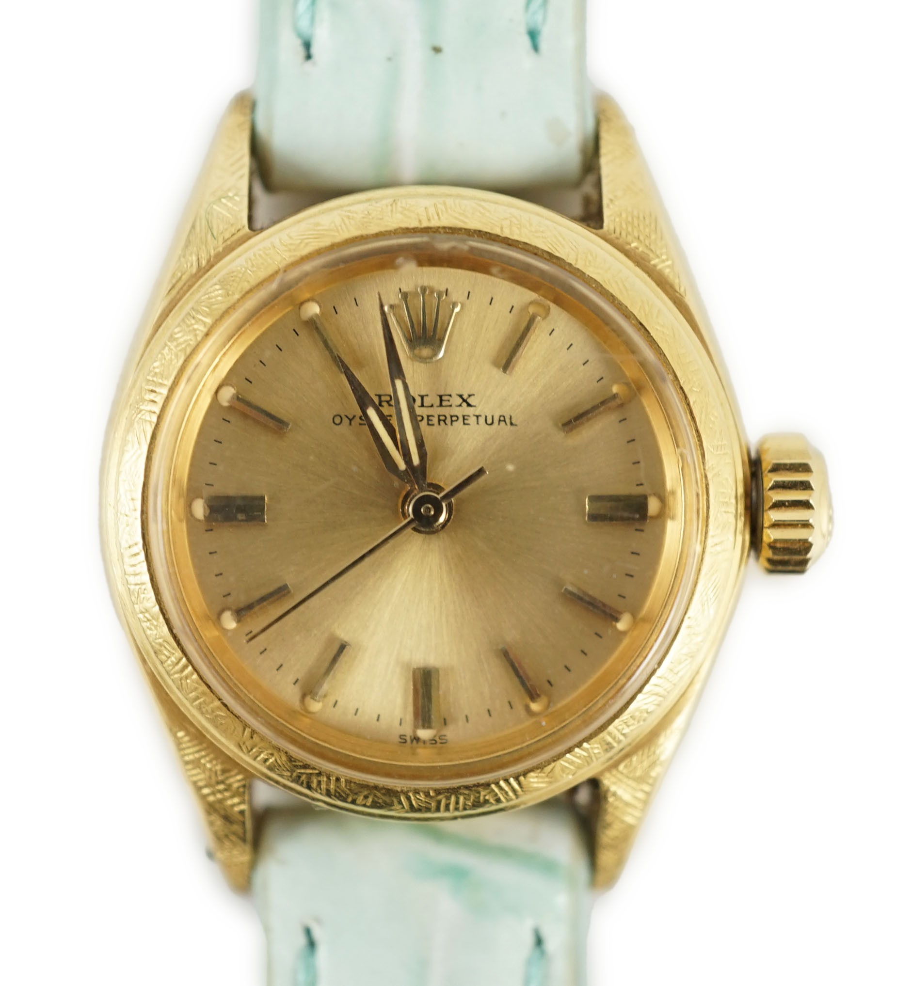A lady's 18ct gold Rolex Oyster Perpetual wrist watch, on associated leather strap
